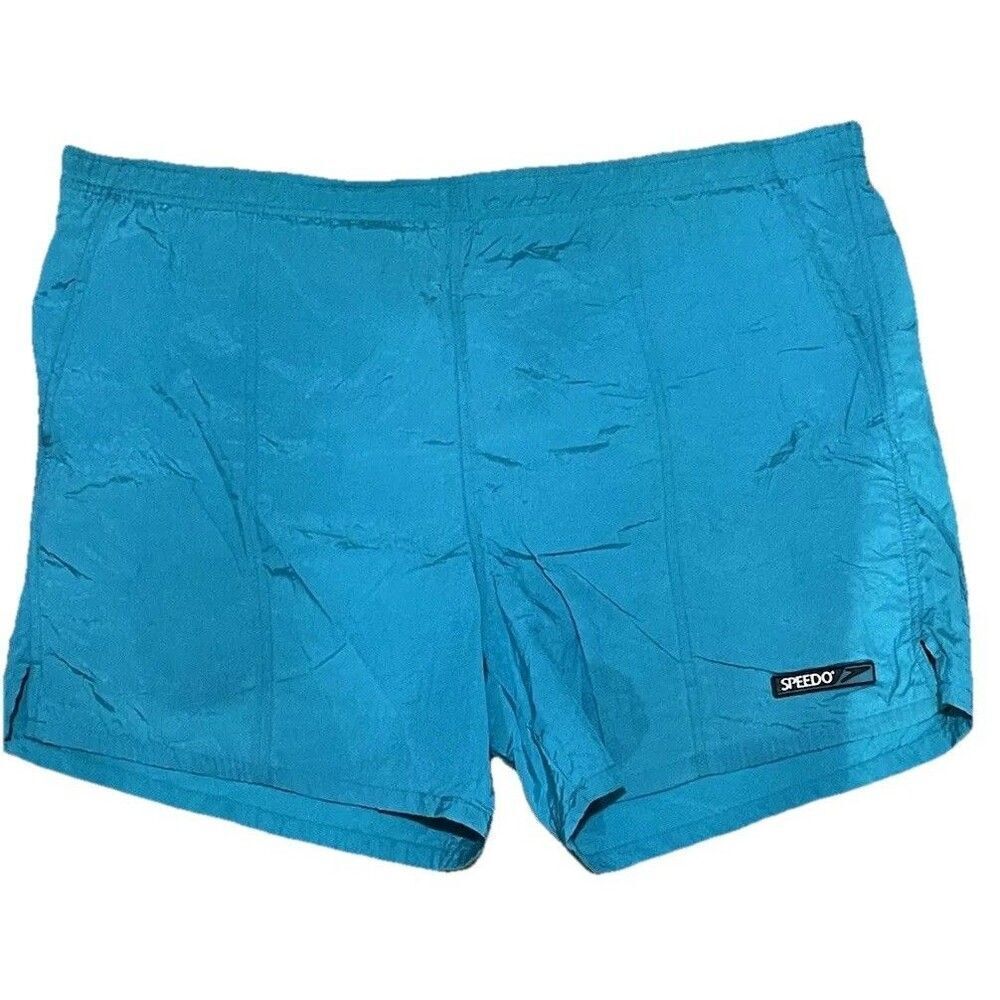 Vintage Speedo Swim Trunks Size Large Lined High Waist Drawstring Pockets Blue